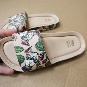 Mini Melissa Pink Llama Cactus Print Beach Slides Kids Size 1 Girls Slip On